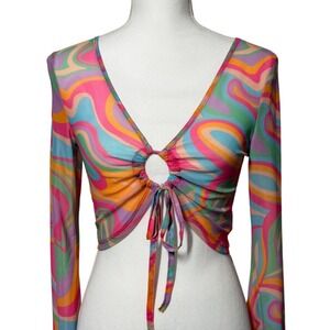 SHEIN Psychedelic Swirl Mesh O-Ring Tie Front Crop Top Size 6 Multicolor